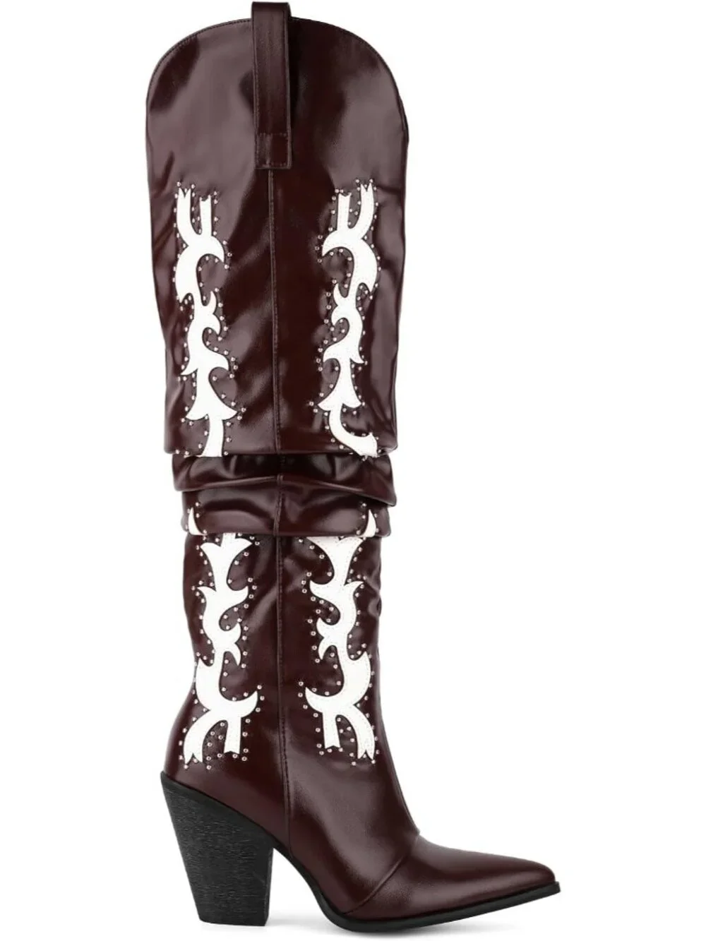 Women's Burgundy Pointed Toe Platform Studded Slouch Cowgirl Over The Knee Boots